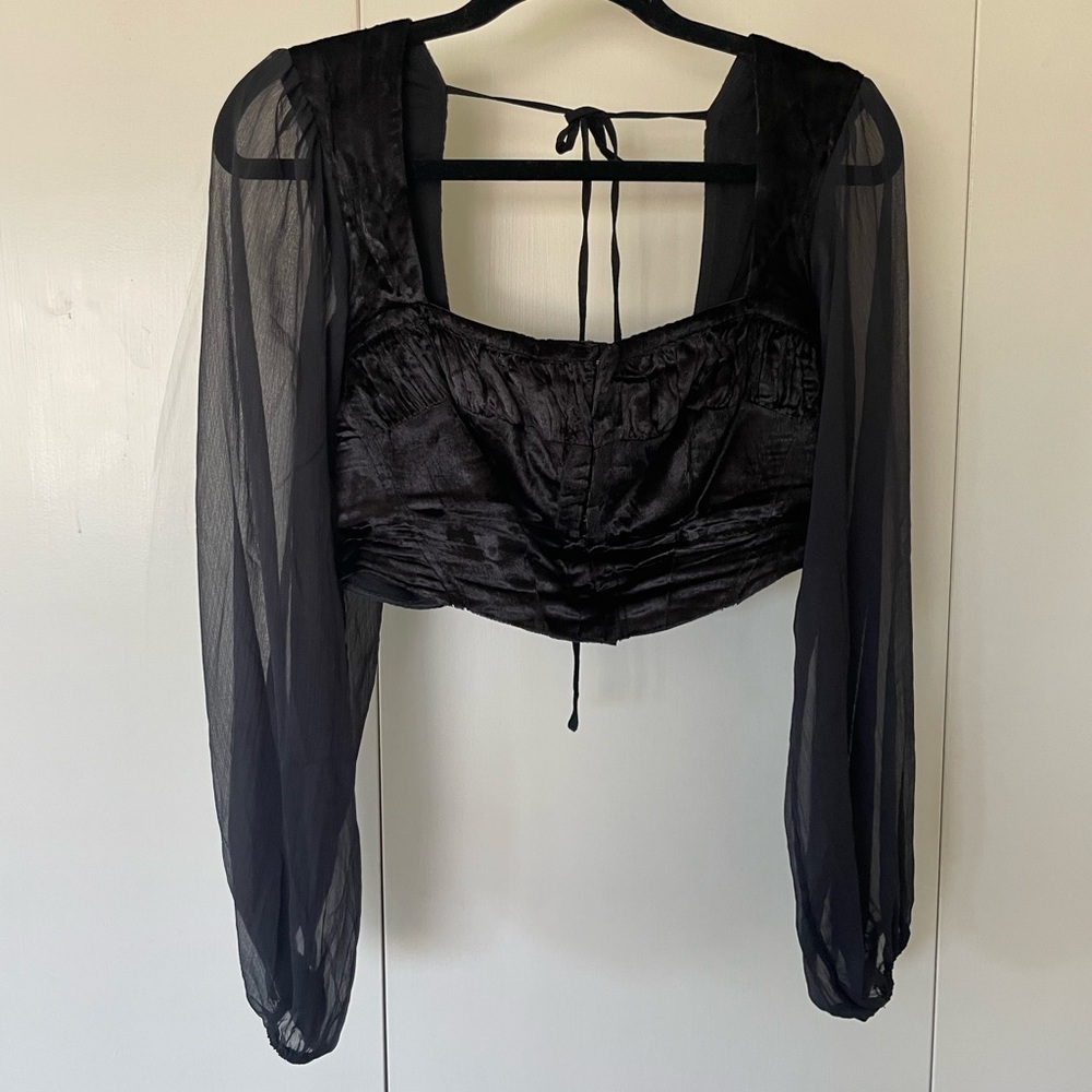 Urban Outfitters Black Velvet Ruched Sheer Sleeve Crop Top